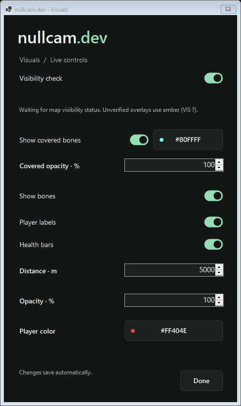 nullcam visual settings with per-bone visibility, covered-bone color and opacity, labels, health bars, distance, and player color controls
